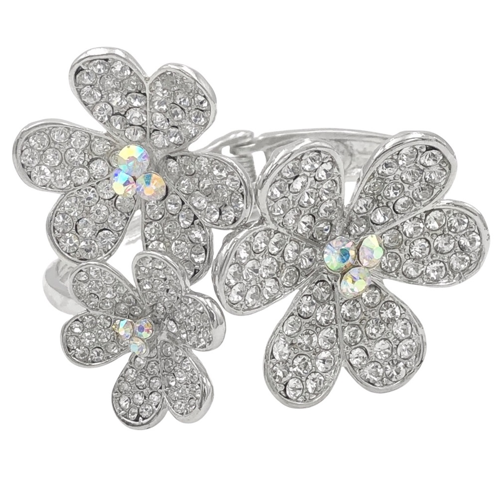 3 Daisy Flower Clear Rhinestone Silver Hinged Bangle Bracelet